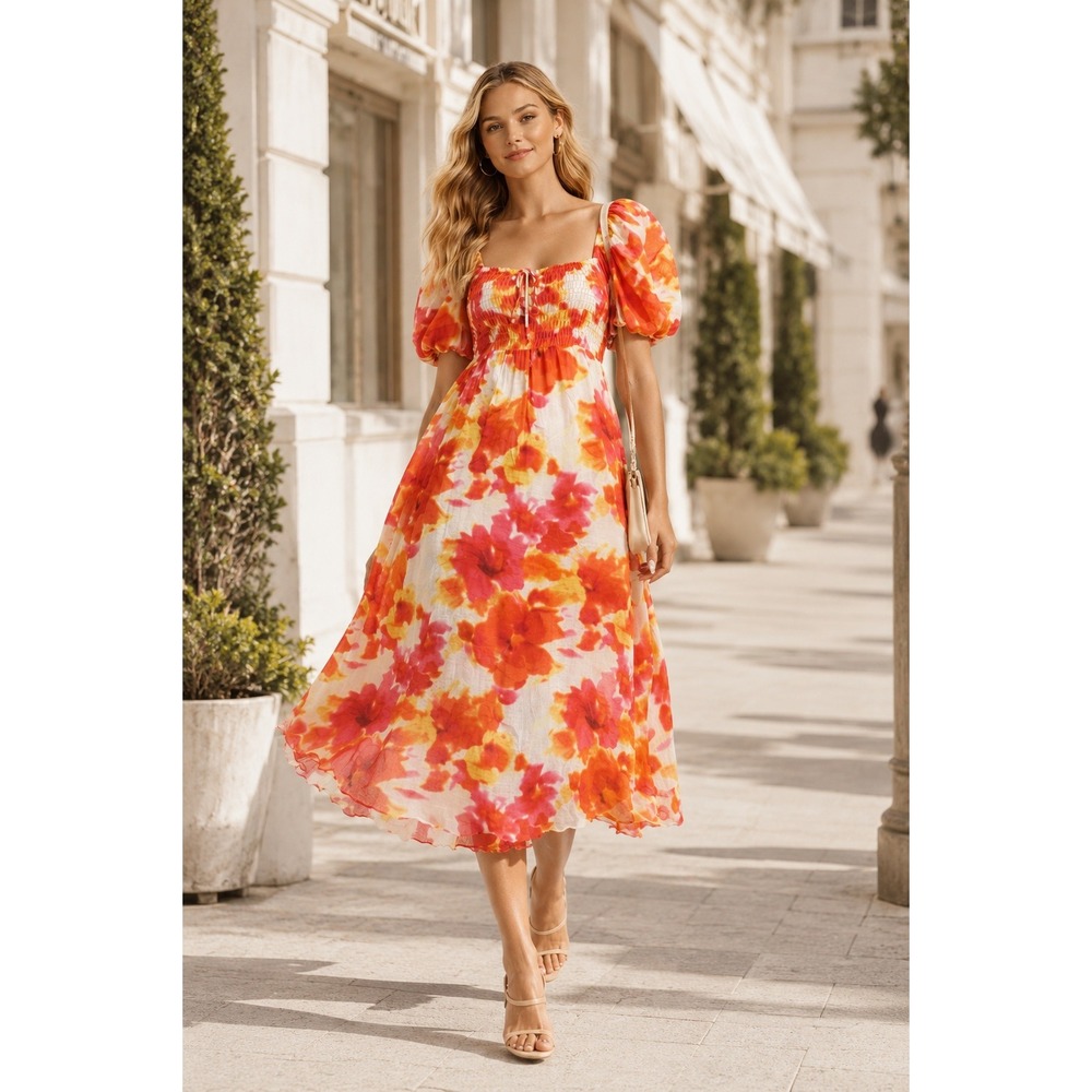 Alex Marie Monroe Floral Midi Dress Puff Sleeve Smocked Back Size 8 NWT